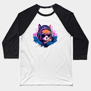 Shiba Inu wears headphones - synth wave style Baseball T-Shirt